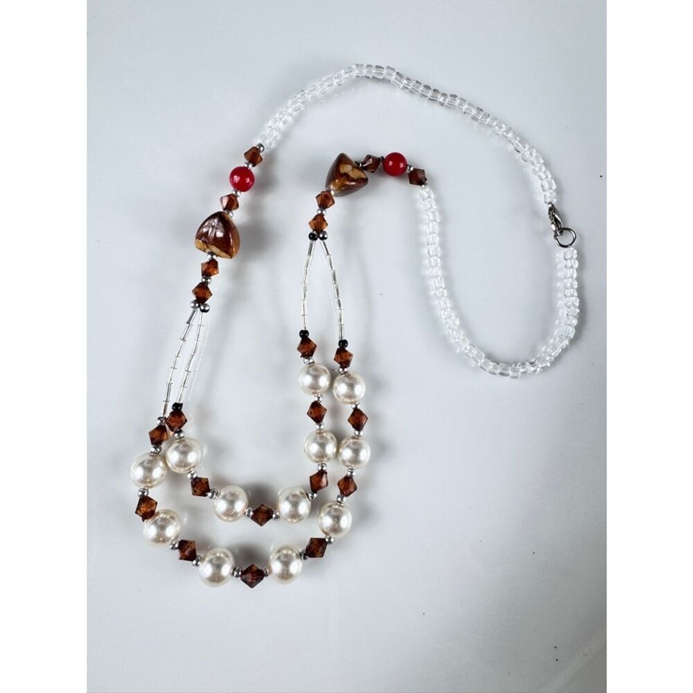 Tigers Eye & Pearl and Amber Crystal Double Strand Necklace